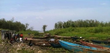 Boats on a dry river bed